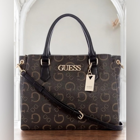 GUESS Women’s Evie Satchel Hand Bag In Signature Black Brown - Picture 1 of 5